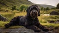 AI generated illustration of a black, shaggy-coated Labradoodle dog resting in a rocky landscape