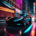 A black sports car driving through a night-time city street, illuminated by the streetlights Royalty Free Stock Photo