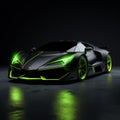 AI generated illustration of a black sports car with green headlights Royalty Free Stock Photo