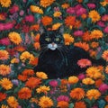 AI generated illustration of a black tabby cat sitting in a field of yellow and white daisies