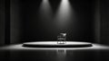 AI generated illustration of a black theatrical stage with a single chair in the center