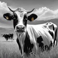 a cow is standing in the grass in black and white