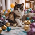 AI generated illustration of a black and white domestic cat near a stack of round metallic ornaments