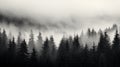 AI-generated illustration of a black and white, foggy forest of evergreen trees