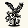 AI generated illustration of black and white icon of an Aztec fantasy national banner with an eagle