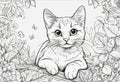 AI generated illustration of a black-and-white line drawing of a kitten perched on flower garden