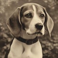 AI generated illustration of a black and white portrait of a beagle