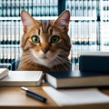 a cat sits on a desk near many books and a pen Royalty Free Stock Photo