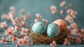 some blue and brown eggs are in a nest with white flowers Royalty Free Stock Photo