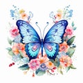 AI generated illustration of a blue butterfly perched on a background of vibrant flowers