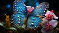 AI generated illustration of a blue butterfly perched on blue flowers