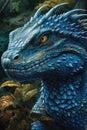 AI generated illustration of a blue dragon with its head and shoulders visible in profile