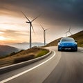 AI generated illustration of a blue electric car driving down a winding road near windmills