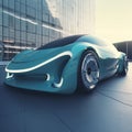 AI generated illustration of a blue futuristic sports car parked on the street Royalty Free Stock Photo