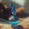 AI generated illustration of a blue genie in a bottle on the sand