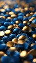 AI generated illustration of Blue and gold metals with sugared nuts on a vibrant blue backdrop