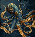 AI-generated illustration of a blue and golden octopus