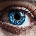 AI generated illustration of a blue human eye with water droplets on the skin