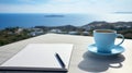 AI generated illustration of a blue mug of coffee on a wooden table with a notebook and a pen Royalty Free Stock Photo