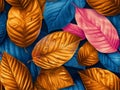 AI generated illustration of blue, pink, and gold leaves sewn into a vibrant background for tiling