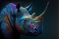 AI generated illustration of a blue Rhinoceros with colorful splashes on it against dark background