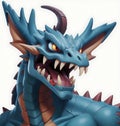 AI generated illustration of a blue robotic dragon with menacing eyes and long, sharp fangs
