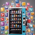 a blue vending machine with a lot of colorful apps