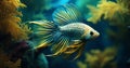 beautiful touching moment of blue and yellow betta fish, AI generated