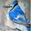 AI generated illustration of a bluejay abstract painting with intricate white accents