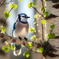 AI generated illustration of a bluejay in spring