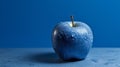 AI generated illustration of a bluen apple with water droplets against a blue background