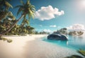 AI generated illustration of a boat beached on the shore beneath a backdrop of tall palm trees