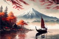 AI generated illustration of a boat sailing on a lake against Mount Fuji and a temple building