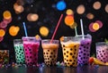 AI generated illustration of boba drinks sipping assorted drinks against dark backdrop