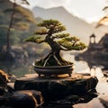 AI generated illustration of a bonsai tree in a terracotta pot atop a jagged rock