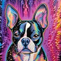 AI generated illustration of a Boston Terrier on a background of dried foliage