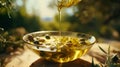 AI generated illustration of a bottle of olive oil being poured over a bowl of freshly-picked olives