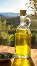 AI generated illustration of a bottle of olive oil and a bowl of freshly-picked green olives