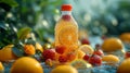 a bottle of orange juice with lots of strawberries and lemons on the side Royalty Free Stock Photo