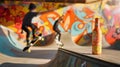 a bottle sitting on top of a skateboard ramp next to a skateboarder