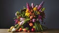 AI generated illustration of a bouquet full of different types of fruits and vegetables