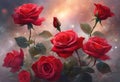 AI generated illustration of a bouquet of vibrant red roses with lush green stems