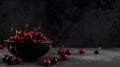 AI generated illustration of a bowl of cherries on a black table Royalty Free Stock Photo