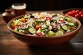 AI generated illustration of a bowl of delicious greek salad on the table Royalty Free Stock Photo