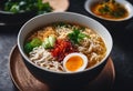 AI-generated illustration of a bowl of delicious ramen on a table