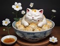 AI generated illustration of a bowl of dumplings with a cute sleeping cat figure