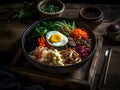 AI-generated illustration of a bowl of eggs, noodles and vegetables