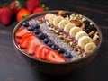 AI generated illustration of a bowl filled with a colorful assortment of fresh bananas, strawberries Royalty Free Stock Photo