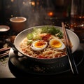 a bowl with noodles, eggs and greens in it sitting on a table Royalty Free Stock Photo