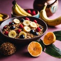 AI generated illustration of a bowl filled with a nutritious and delicious breakfast of fruits Royalty Free Stock Photo